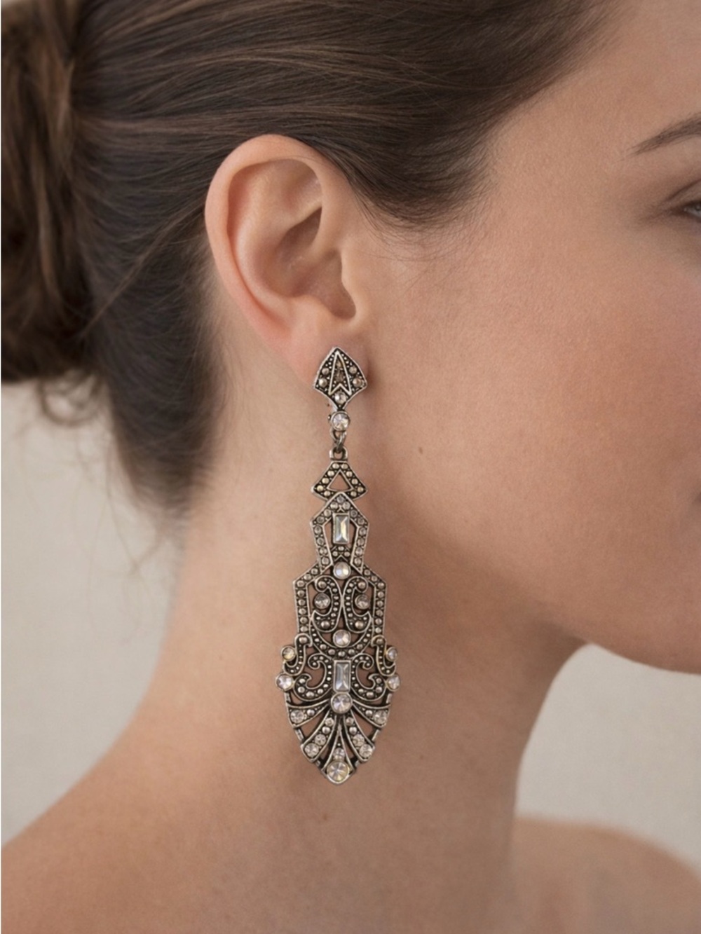 Art Deco Rhinestone Drop Earrings 3.5” Vintage Flapper Statement